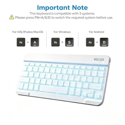 Mini Bluetooth Keyboard, Small Portable Wireless Rechargeable Keyboard with 7-Color RGB Backlit for iPad iPhone Android Samsung Tablet Smartphone(White) - color: White