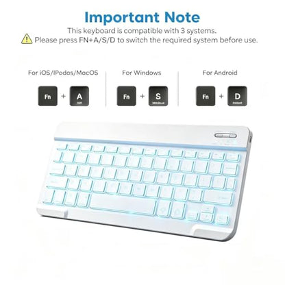 Mini Bluetooth Keyboard, Small Portable Wireless Rechargeable Keyboard with 7-Color RGB Backlit for iPad iPhone Android Samsung Tablet Smartphone(White) - color: White