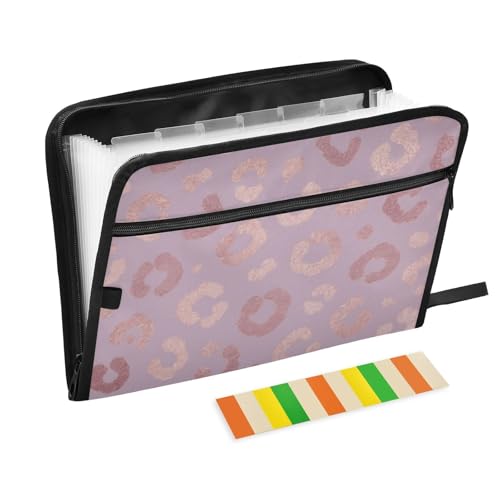 Rose Gold Leopard Expanding Accordion File Folder with 13 Pockets and Zipper Closure - color: Rose Gold Leopard