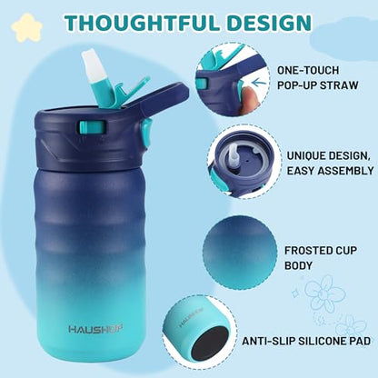 HAUSHOF Kids Water Bottle 12 oz BPA-free with Straw and Stickers, Stainless Steel Vacuum Double Wall Insulated cup with Leak Proof for school, Gift, Boys (Blue and Green) - color: Blue and Green(1 Pack)