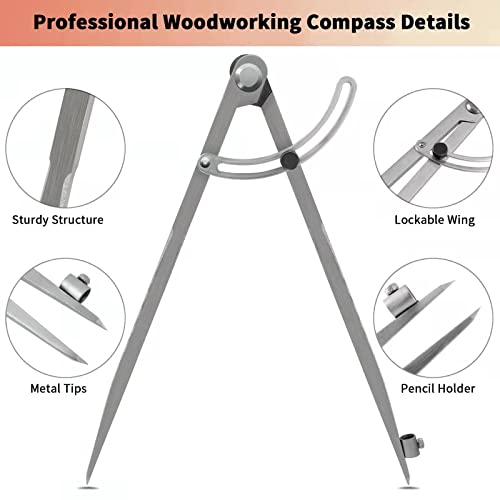 Pencil Compass 12 inch, Precision Woodworking Compass with Wing Divider and Pencil Holder, Metal Compass Ideal for Geometry Drafting and Technical Drawing, Engineering and More - size: 12inch