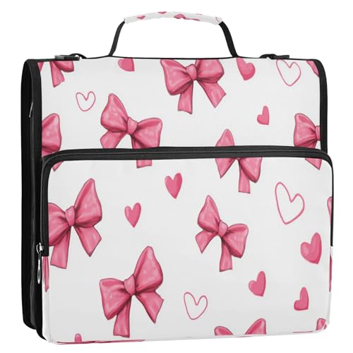 Caikeny 3 Ring Zipper Binder Pink Bows Hearts Red Lovely 1.5 inch Binders Bag Expanding File Pockets with Shoulder Strap and Handle - color: Multicolored 1z83.11