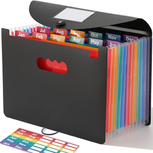 SortRax Accordion File Organizer 12 Pockets, Monthly Bill Receipt Tax Organizer, Expanding File Folders with Larger Bright Tabs, Fits Letter/A4 Size - Black - color: Black