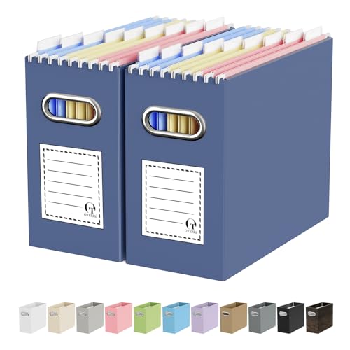Oterri Portable Collapsible Cardboard File Box with Handle for Letter-Size | 2-Pack. Stainless Steel Handle. Label Stickers Included. Fits Letter Folders (Not Included). Home, Office, School, Dorm, Tax. - color: Navy, size: Letter Size - 2 Packs