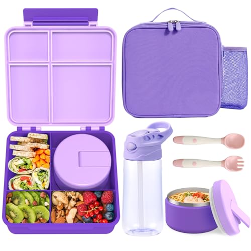 Kids Bento Lunch Box with 8oz Soup Thermo, Water Bottle, Kids Leakproof Lunch Food Containers with 4 Compartment, Insulated Hot Food Jar with Lunch Bag for School, Trvael (Purple) - color: Purple