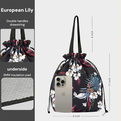 Double-Handle Lunch Bag, Insulated Waterproof Reusable Tote for Women/Students, Fits 2 Bento Boxes + Water Bottle - Ideal for School/Office/Picnic(European Lily) - color: European Lily
