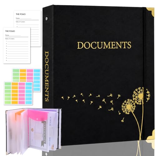 XKDOUS Aesthetic Document Organizer 3 Ring Emergency Binder Linen Folio Folders with 9 Pockets Expanding File Storage Holder for Important Papers, Letters, Passports, Photos - color: Black