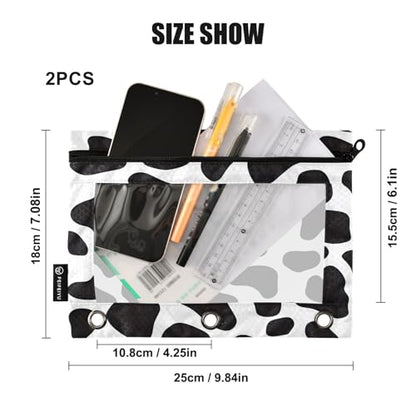 SUABO Black and White Cow Print Pencil Pouch for 3 Ring Binder, 2 PCS Binder Pencil Pouch with Zipper, Clear Window Zipper Pencil Case Pencil Bags for School Office Supplies - color: Cow