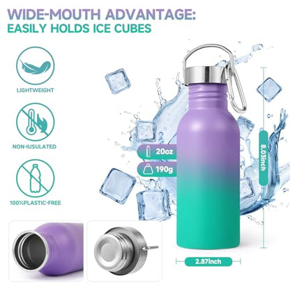 Volhoply 20oz Uninsulated Single Walled Water Bottle, Stainless Steel Reusable Water Bottles with Handle & Carabiner, BPA Free 18/8 304 Sports Water Bottles for Camping Hiking（Purple Green,1） - color: Purple Green