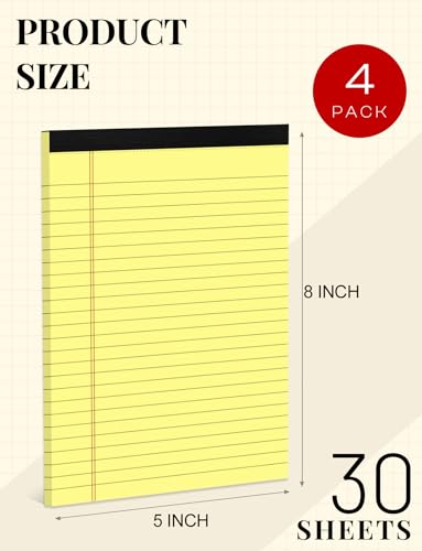 Yellow Legal Pads 5×8 Small Notepads 4 Pack Yellow Note Pads 5×8 College Ruled Perforated Writing Pads 80 GSM Lined Pads of Paper Writing Tablets 5×8 Memo Pads for Office, Home, School, 30 Sheet/ Pad - color: Yellow-4p