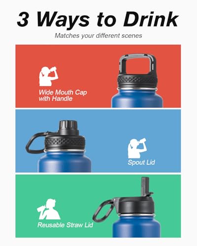 Coolflask 40 oz Water Bottle Insulated with Straw & 3 Leakproof Lids | Water Flask Stainless Steel Triple-Wall Vacuum,Cold 48+h,Dishwasher Safe,Wide Mouth, BPA-Free,Carrier Bag,for Gym,Hiking - color: King's Blue, size: 40 Ounces