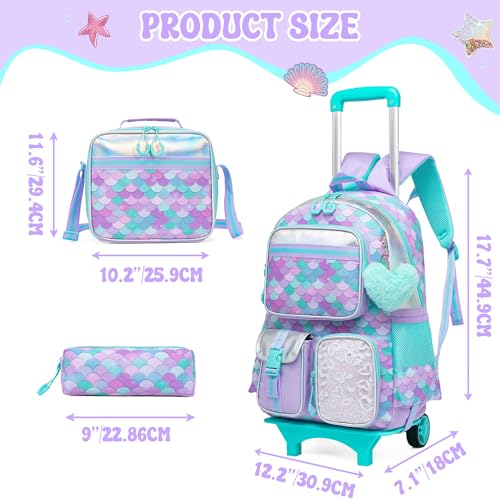 Meetbelify Backpack with Wheels for Girls Rolling Backpack Cute Carry on Backpack with Lunch Box for Elementary Student Teen Girls Luggage Travel Suitcase Girls 8-10 Mermaid - color: Mermaid