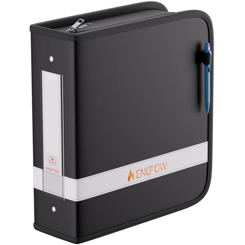 ENGPOW 3 Ring Binder,Fireproof 3 Inch D Ring Binder with Zipper,Holds 750 Sheets,Non-Stick,PVC-Free,Compatible with Clear Sheet Protectors,Portable School Office Home Safe Storage for Paper,Black - size: 3 inch