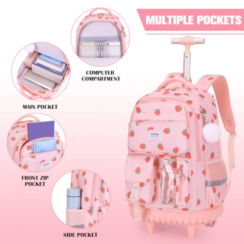 ACESAK Rolling Backpack for Girls, Roller Backpack with Lunch Bag & Pencil Pouch for Teen Girls Kids, Bookbag Backpack with Wheels for Women Elementary Middle High School Travel (Pink Strawberry) - color: Pink Strawberry