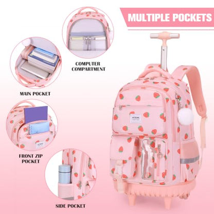 ACESAK Rolling Backpack for Girls, Roller Backpack with Lunch Bag & Pencil Pouch for Teen Girls Kids, Bookbag Backpack with Wheels for Women Elementary Middle High School Travel (Pink Strawberry) - color: Pink Strawberry