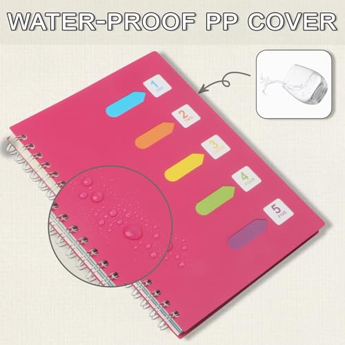 5 Subject Notebook College Ruled Spiral Notebook 7x10 Inch Hardcover Notebook with Divider Tabs 240 Pages Small Notebook for Work B5 Spiral Notebook College Ruled Notebook for Note Taking School,Red - color: Pink