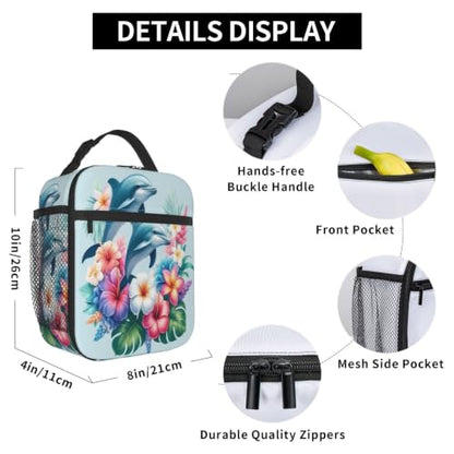 Dolphin Flowers Lunch Bag 10In | Insulated Lunch Box Reusable Tote Bag For Picnic Office For Women Men - color: Style 8