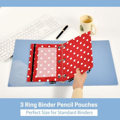 Binder Pencil Pouch for 3 Ring Binder Pencil Case Bags Red Polka Dot with Zipper Clear Window 2 Pack - color: Red Polka Dot