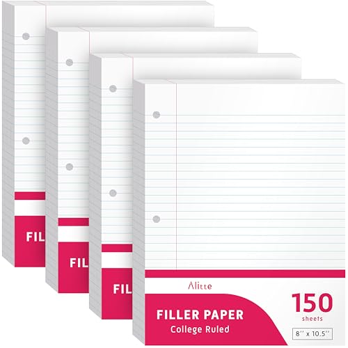 Alitte Loose Leaf Paper, College Ruled, 600 Sheets (150/Pack) Filler Paper for Writing Notes - School, College, Office 3 Hole-Punch Lined Sheets for Ring Binders, Pocket Folders - White, 8 x 10.5 - color: College Ruled