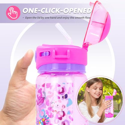 Kids Water Bottle with Straw/Lanyard for School Kids Girls Boys, 22oz BPA Free Child Drinking Water Bottle One-Click-Open Leak-Proof Locking Flip Lid for School Sport Travel - color: Cat