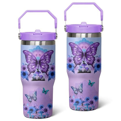 Queen Hero 30 oz Butterfly Tumbler with Handle, Large Insulated Tumbler with Flip & Straw Coffee Mug Cup Stainless Steel Gifts for Women Men Youth - color: Purple