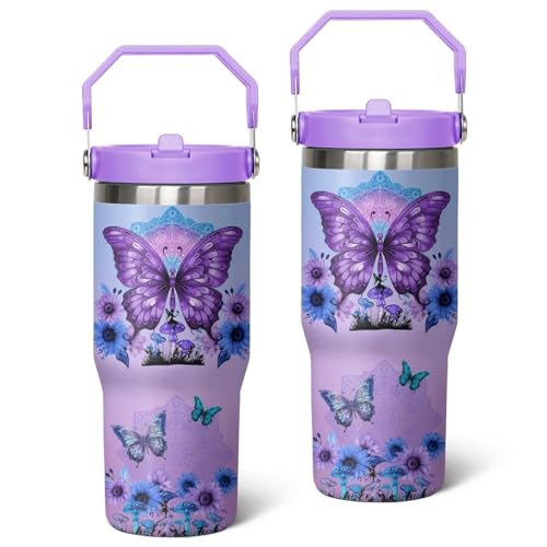 Queen Hero 30 oz Butterfly Tumbler with Handle, Large Insulated Tumbler with Flip & Straw Coffee Mug Cup Stainless Steel Gifts for Women Men Youth - color: Purple