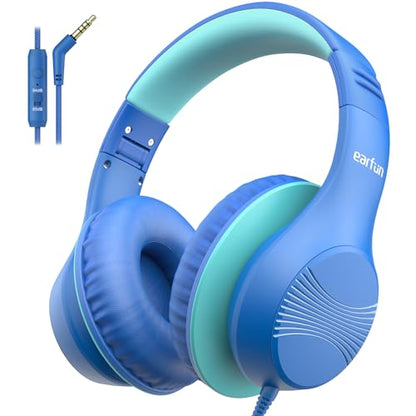EarFun K3 Kids Headphones, Over Ear Headphones with Microphones, 85/94dB Safe Volume Limit, HD Stereo Sound, 3.5mm Jack, Foldable Wired Headphones for School/Travel/Boys/Girls/Tablet/iPad, Blue - color: Blue