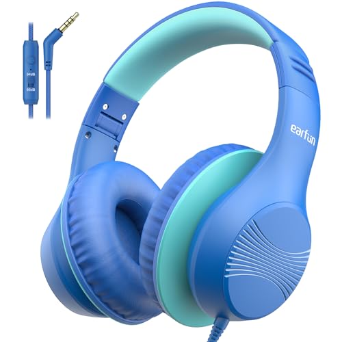 EarFun K3 Kids Headphones, Over Ear Headphones with Microphones, 85/94dB Safe Volume Limit, HD Stereo Sound, 3.5mm Jack, Foldable Wired Headphones for School/Travel/Boys/Girls/Tablet/iPad, Blue - color: Blue