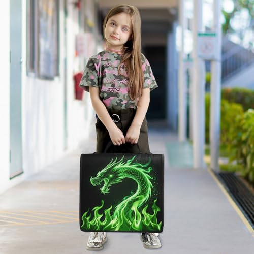Green Dargon 3 Ring Zipper Binder Bag Binder Organizer with Handle Shoulder Strap for School Work Office Supplies - color: Green Dargon