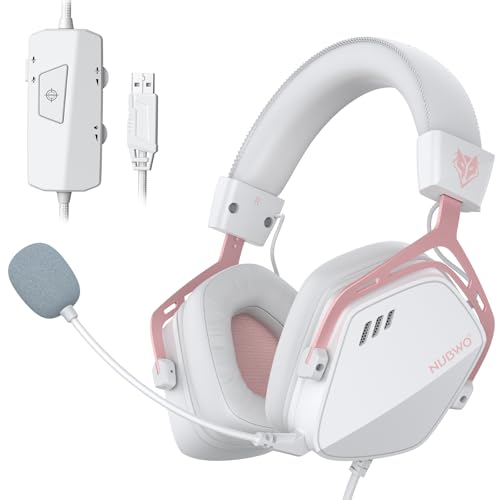 NUBWO HG03 Wired Gaming Headset for PC, FPS-Tuned, Noise-Canceling Mic | USB-A Equipped | One-Click FPS Mode | 50mm Driver | Memory Foam Cushion | For PC Laptop | Gaming & Office Comfort - Pink - color: White Pink