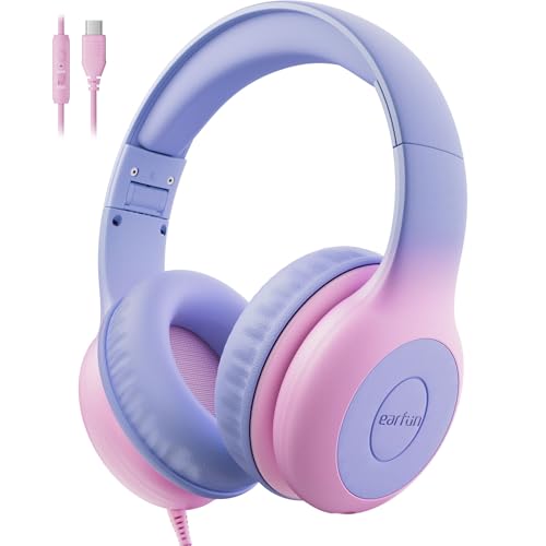 EarFun Kids Headphones Wired with Microphone, USB Type C Headphones for Kids, 85/94dB Volume Limit, Portable Wired Headphone with Shareport, Stereo Sound Foldable Headset for School/Tablet/PC/Kindle - color: USB-C Violet