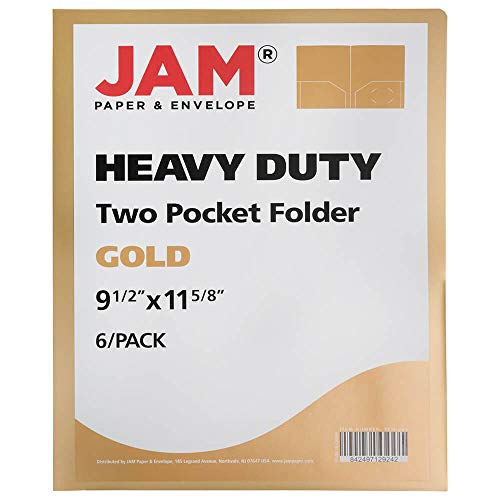JAM PAPER Heavy Duty Plastic 2 Pocket Extra Tough School Folders - Gold - 6/Pack - color: Gold, size: 6 Per Pack