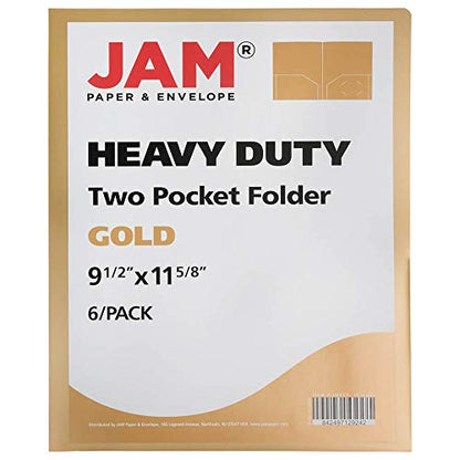 JAM PAPER Heavy Duty Plastic 2 Pocket Extra Tough School Folders - Gold - 6/Pack - color: Gold, size: 6 Per Pack