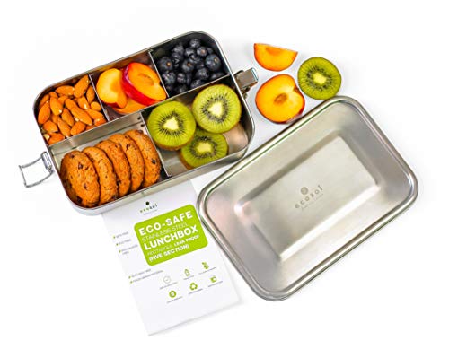 ecozoi 5 Compartment Stainless Steel Bento Lunch Box for Adults & Kids, 50 oz Leakproof Metal Meal Prep Container with Bonus Sauce Cup, BPA Free Eco Friendly, Dishwasher Safe for School, Work, Office - size: 5 Compartment 50 Oz