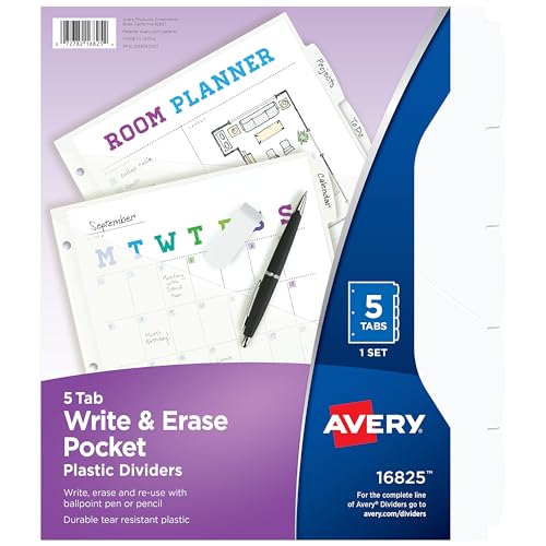 Avery Durable Plastic 5 Tab Write & Erase Dividers for 3 Ring Binders, Slash Pocket, Translucent White, Works with Sheet Protectors, 1 Set (16825)