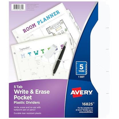 Avery Durable Plastic 5 Tab Write & Erase Dividers for 3 Ring Binders, Slash Pocket, Translucent White, Works with Sheet Protectors, 1 Set (16825)