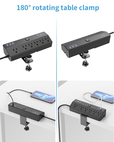 Desk Clamp Power Strip 2 USB C Desktop Mount Outlet Charging Station, 10FT Extension Cord Flat Plug with 6 AC, Removable 40W Fast Charging Surge Protector Power Strip Fits 1.8" Office Tabletop Edge