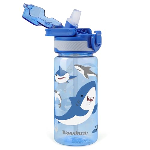 Kids Water Bottle for School, 16 Oz Plastic Straw Water Bottle with Silicone Spout and Leakproof Cover, Dishwasher Safe (Shark) - color: Shark, size: 16 Ounces