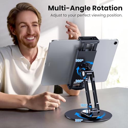 Tablet Stand Holder for iPad, Adjustable with 360 Rotating Base for Desk, Aluminum Swivel Tablet Stand Compatible with iPad Air, Mini, 10.2,9.7, Pro 11/13 and More