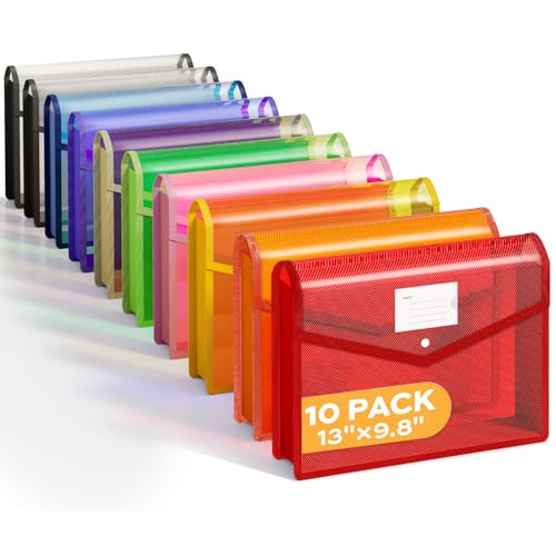 Deli 10 Pack Plastic Expanding File Folder, Folders for Documents with Snap Closure, Colorful File Folder Organizer, Transparent Accordion File Organizer, Large Capacity, Fit Letter/A4 Size, 9 Colors - size: A4 Size- 13''L× 9.8''W