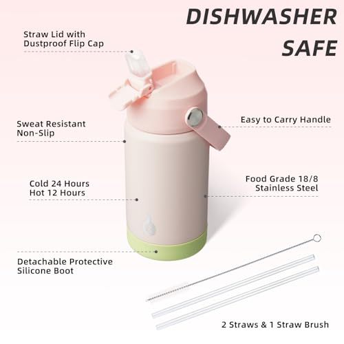 BJPKPK Insulated Water Bottle with Straw Lid, 12oz Thermo Water Bottles, Flex Handle & Non-slip Boot, BPA Free Leak Proof Stainless Steel Metal Thermo, Tumblers, Cups,Pearl Pink - color: Pearl Pink, size: 12 Ounces
