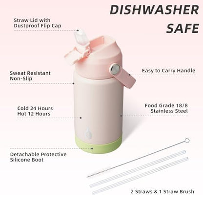 BJPKPK Insulated Water Bottle with Straw Lid, 12oz Thermo Water Bottles, Flex Handle & Non-slip Boot, BPA Free Leak Proof Stainless Steel Metal Thermo, Tumblers, Cups,Pearl Pink - color: Pearl Pink, size: 12 Ounces