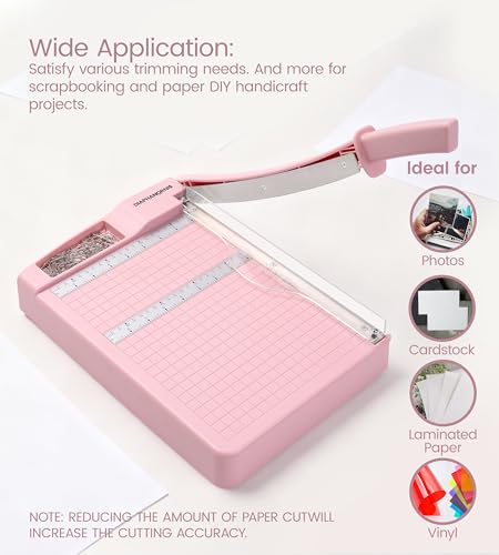 Paper Trimmer, 12" Cutting Length Heavy Duty Paper Cutter with Safety Protection and Blade Lock, Paper Cutter 12 Sheets, Cardstock/Laminate - color: Pink