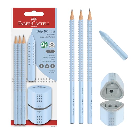 Faber-Castell Grip Graphite Pencils & Accessories Set, Sky Blue – 3 Drawing Pencils (B), Pencil Set for Sketching and Drawing, Art Pencils for Kids, Sketching Supplies