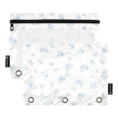 2 Pack Pencil Pouch for 3 Ring Binder Blue Flowers Floral Pencil Case Pouch with Clear Window Zipper Binder Pencil Pouches Pen Bag for Office School Supplies - color: Blue Flowers Floral
