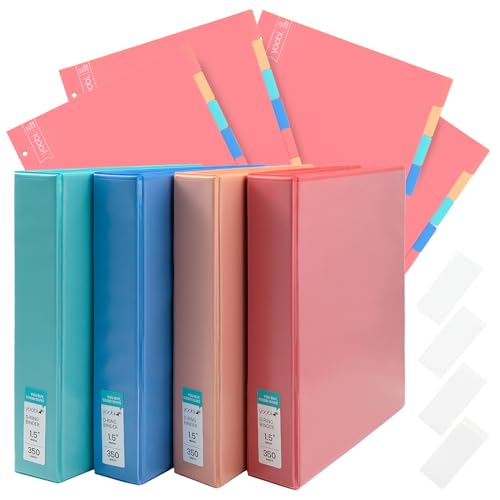 Yoobi 1.5 Inch Binder & 8-Tab Divider Set - 4 Pk of 3-Ring Binders with 2 Pockets, 4 Pk of Binder Organizer Tabs w/Blank Sticky Labels - Perfect for School or Office, Binders Hold up to 275 Sheets - color: Multicolor, size: 1 1/2 Inch, style: Binder + Div