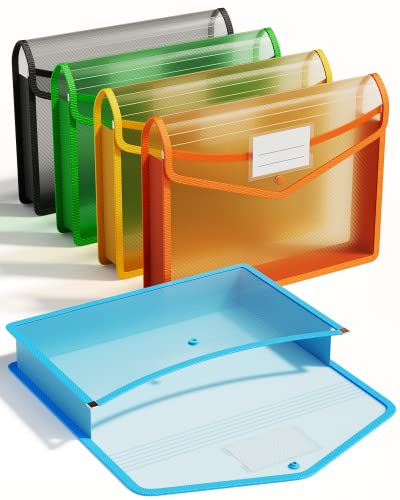 ThinkTex Plastic Expanding File Folder, Transparent Envelopes with Snap Closure, No Dividers, Large Capacity, Assorted Colors, Fits Letter / A4 Size - 5 Pack - color: 5 Pack Assorted Colors
