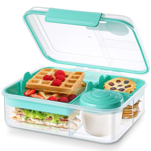 Meal Prep Containers Reusable, Snackle Box Container Bento Box Adult, Bento Lunch Box with 2 Removable Trays, and Salad Dressing Container, 55.75 oz/1.65L Size (Minty Teal/55.75 oz) - color: Minty Teal/55.75 oz