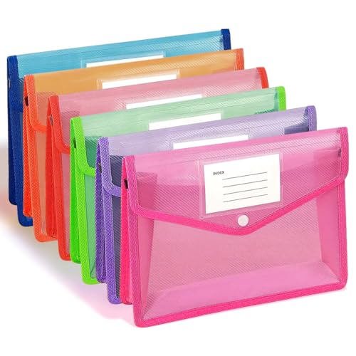 6Pcs Plastic Expanding File Folder, Transparent envelopes with Snap Closure, No Dividers, Large Capacity, Colorful File Folder Organizer, Accordion File Organizer, Fit Letter/A4 Size for Office/Home - color: Red+orange+pink+purple+green+blue