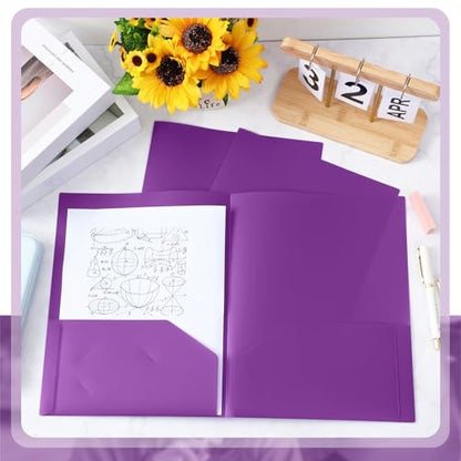 Gueevin 24 Pcs Plastic Folders with Pockets, Back to School Two Pocket Folder Fit Letter Size, Heavy Duty School Business Card Holder for Home Office, 11. 61 x 9. 45 Inches (Purple) - color: Purple